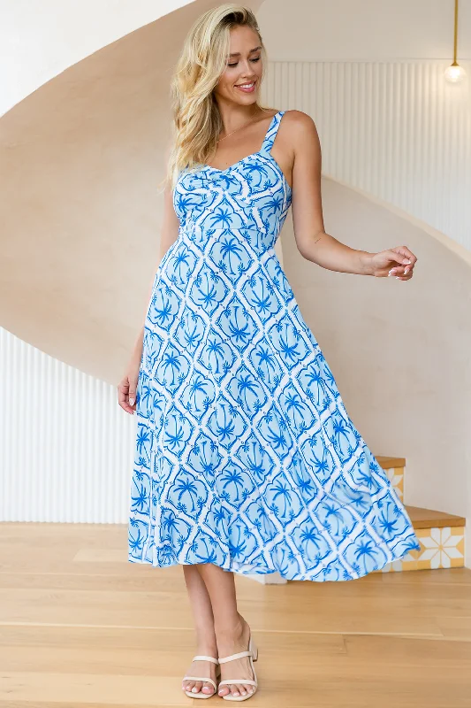 Delphine Midi Dress Palm Cove Print Blue