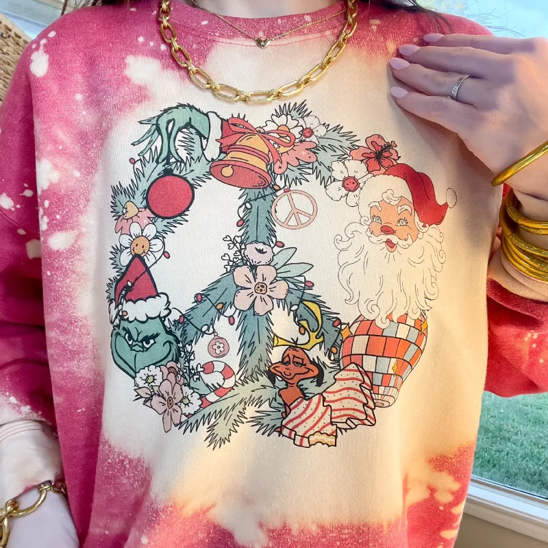 Online Exclusive | Christmas Peace Wreath Long Sleeve Graphic Sweatshirt in Red Bleach