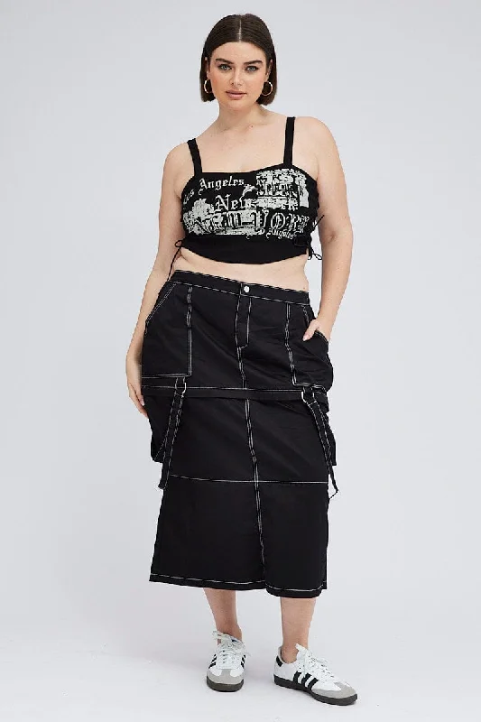 Black Cargo Midi Skirt Detachable Hem