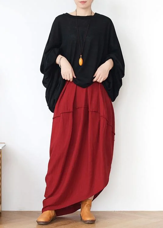 Women Red Elastic Waist Linen Skirt