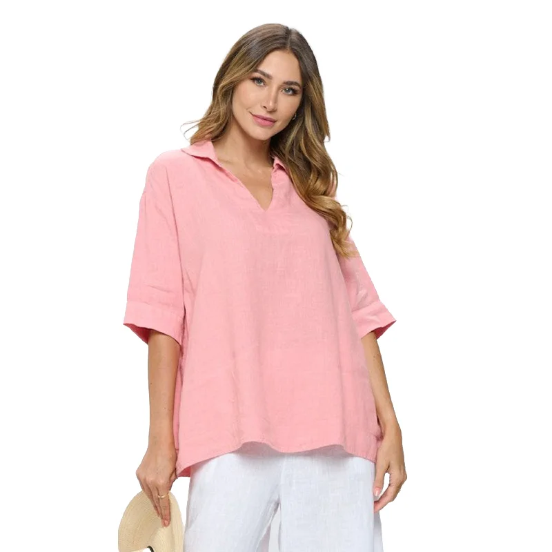 Focus Floral Collared V-Neck Linen Tunic Top in Pink Rose - L-657-PKR