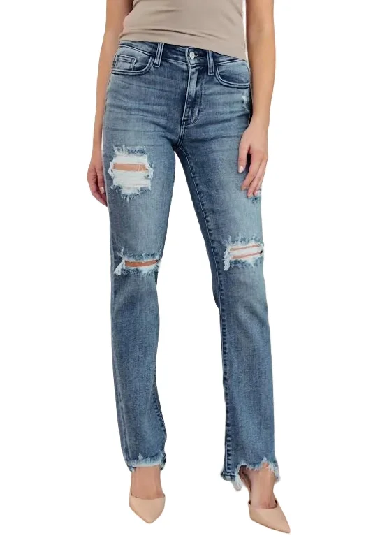 Destroyed Straight Leg Jean In Medium Wash