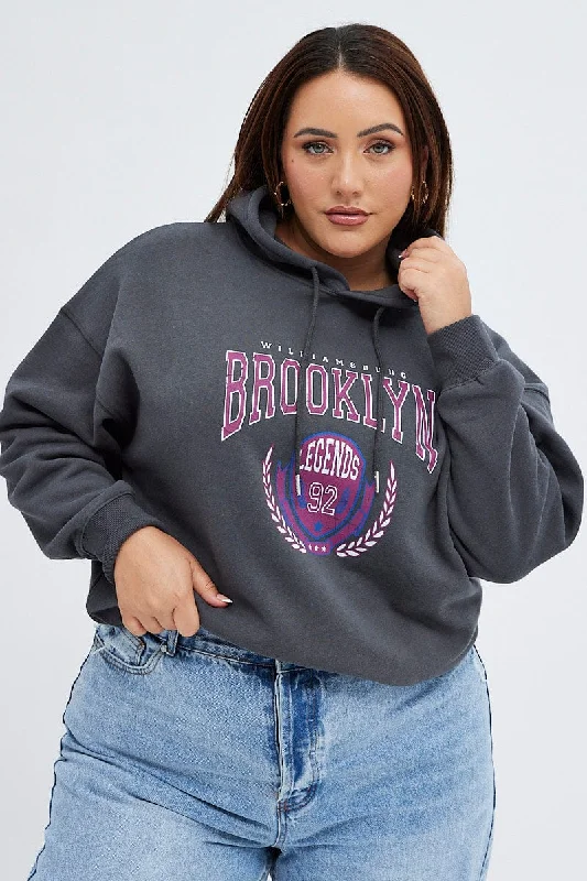 Grey Relaxed Hoodie Brooklyn Embroidery Long Sleeve