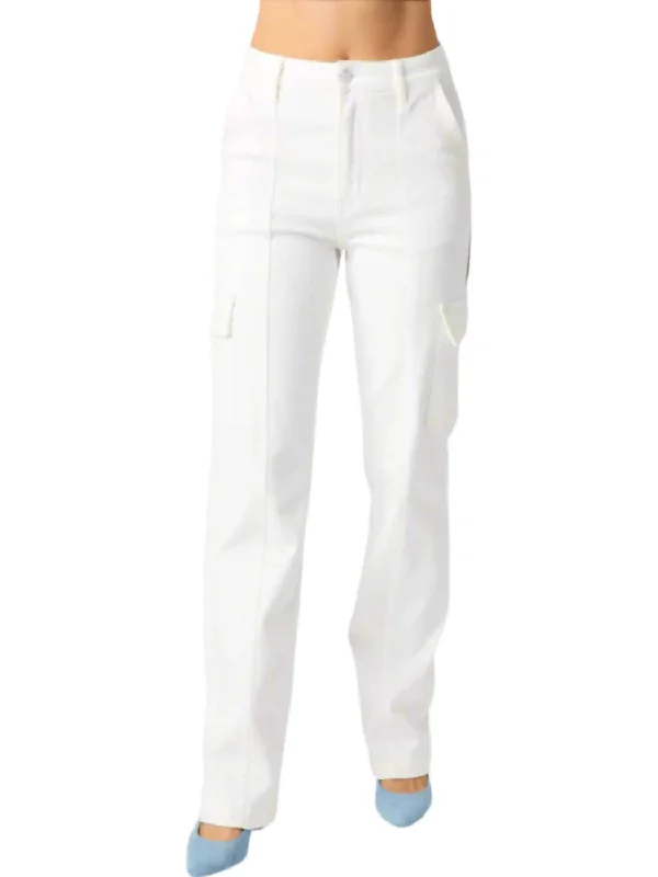 High Rise Cargo Straight Leg Jeans In White