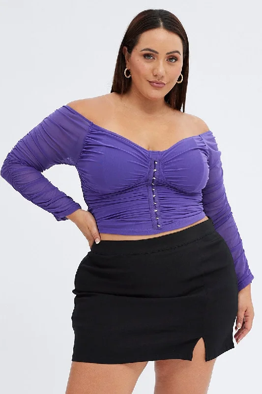 Purple Corset Top Mesh Long Sleeve Hook And Eye Closure