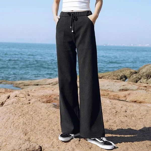 Omychic High Waist Wide Leg Pants Pockets Belt Solid Color Loose Trouser