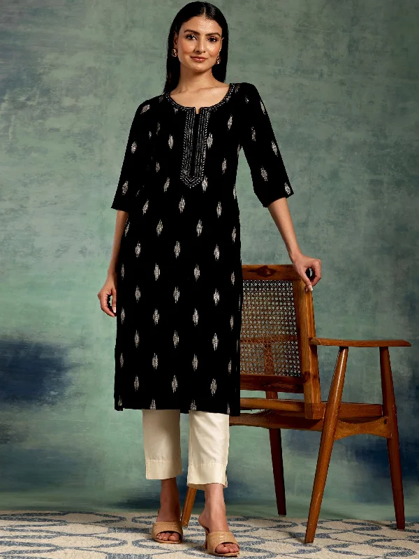 Black Woven Design Rayon Straight Kurta