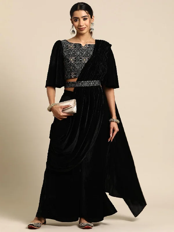 Black Embroidered Velvet Saree