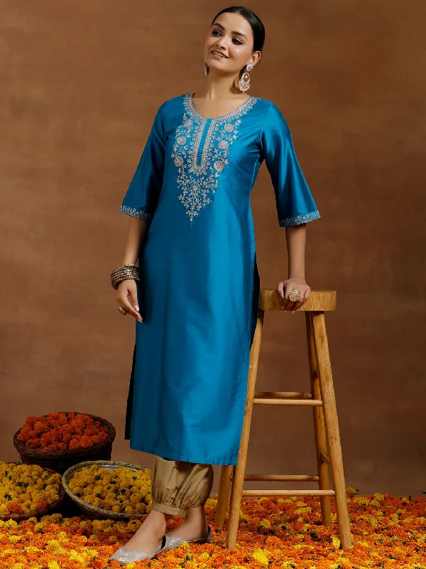 Blue Embroidered Silk Straight Kurta