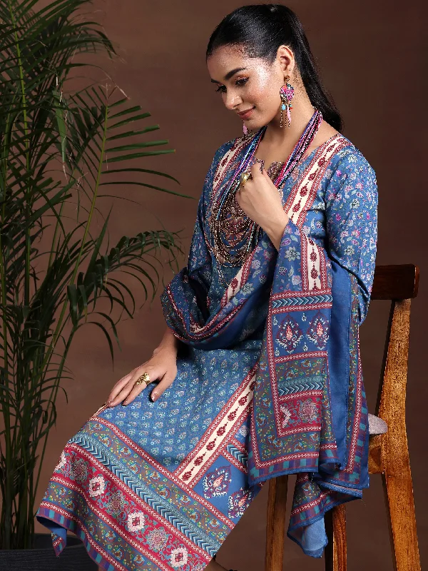 Blue Printed Poly Crepe Straight Suit With Dupatta