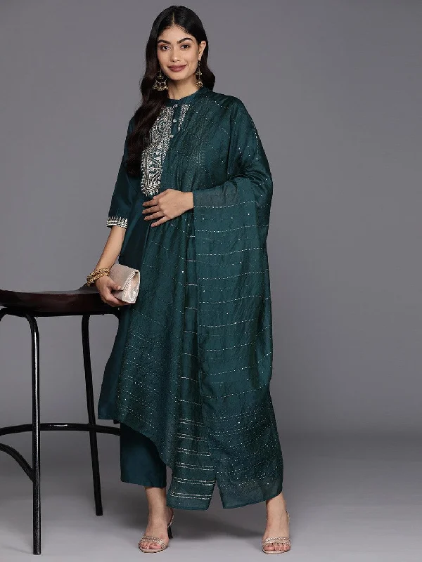 Blue Yoke Design Silk Blend Straight Suit With Dupatta