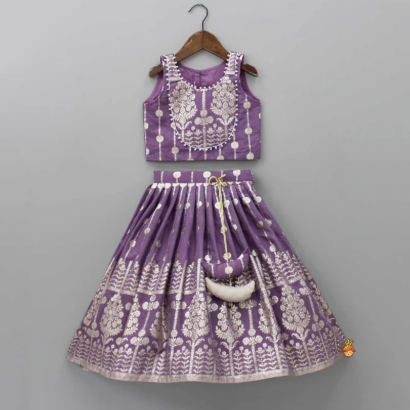 Brocade Embroidered Purple Top And Lehenga