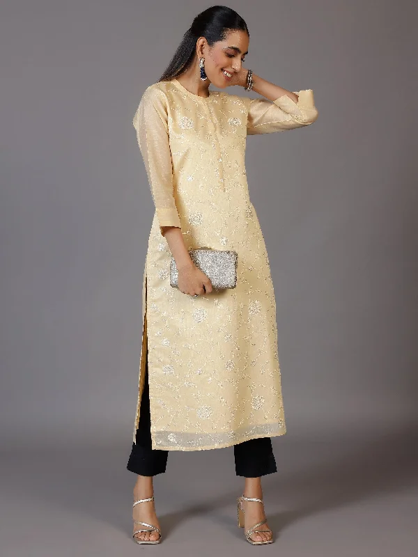 Gold Embroidered Silk Straight Kurta