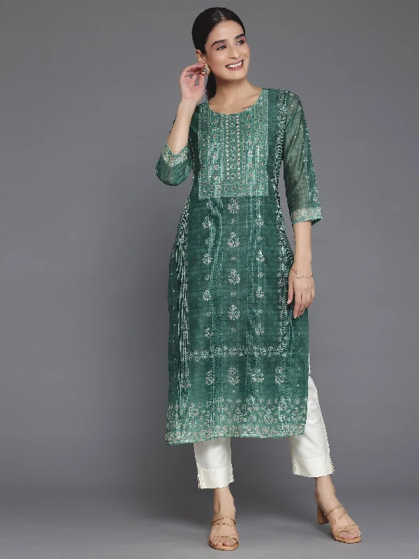 Green Printed Chanderi Silk Straight Kurta