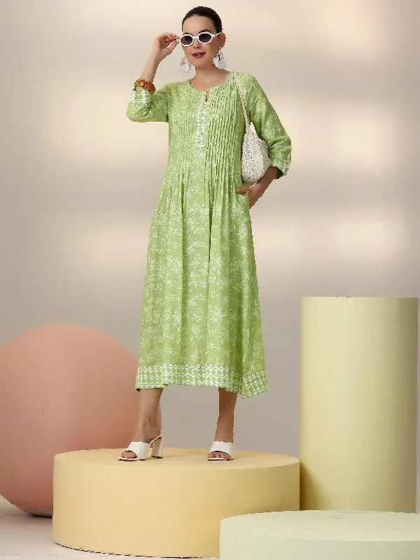 Green Printed Cotton A-Line Dress