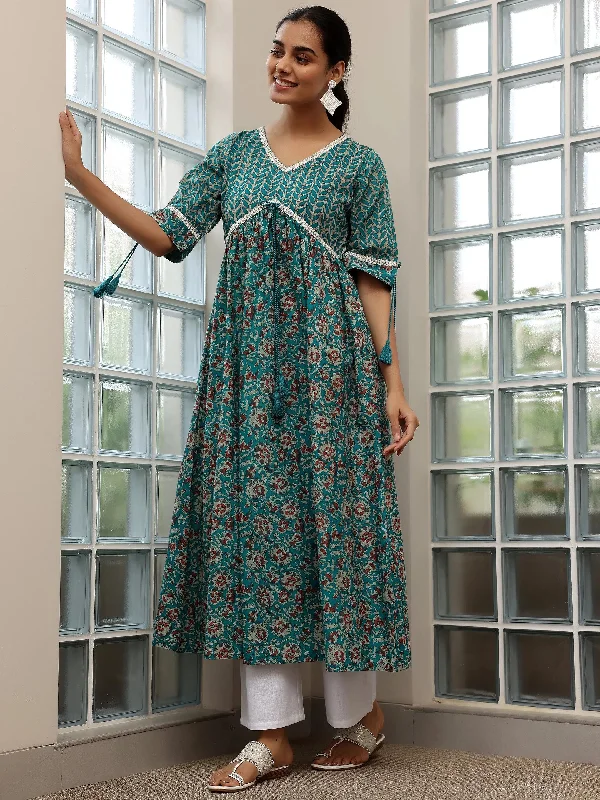 Green Printed Cotton Fit and Flare Dress