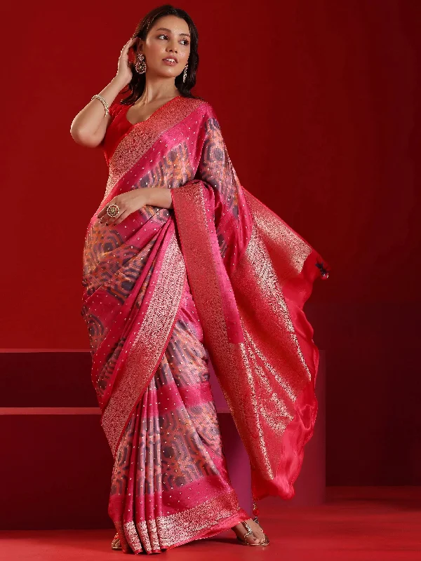 Libas Art Red Printed Satin Saree With Unstitched  Blouse Piece