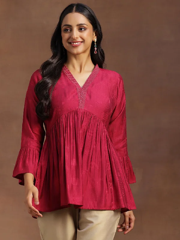 Magenta Woven Design Silk Blend A-line Kurti