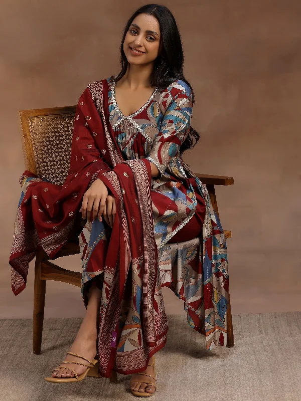 Maroon Printed Silk Blend A-Line Kurta With Trousers & Dupatta