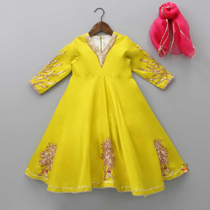 Mustard Embroidered Anarkali With Pink Dupatta