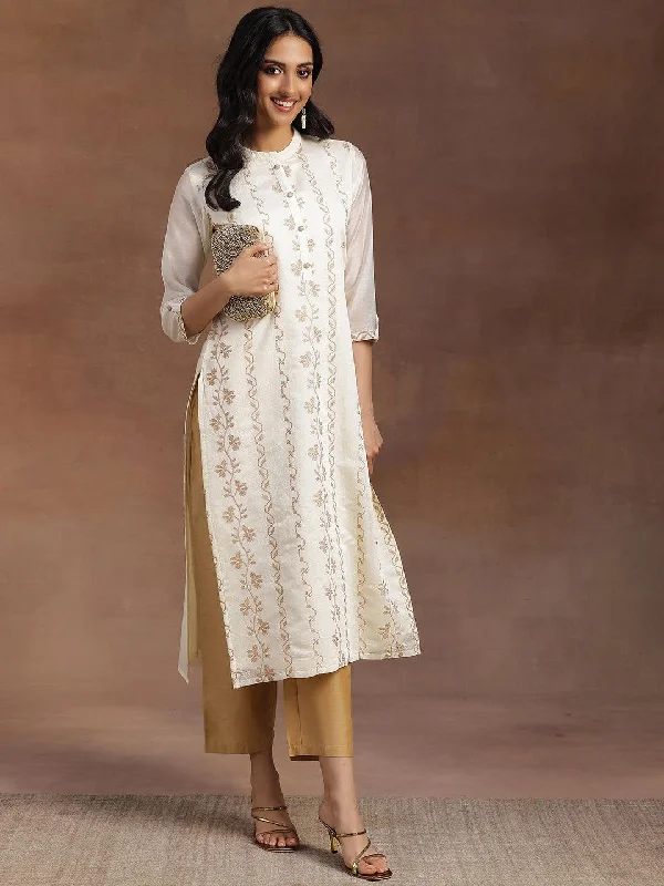 Off White Embroidered Chanderi Silk Straight Kurta