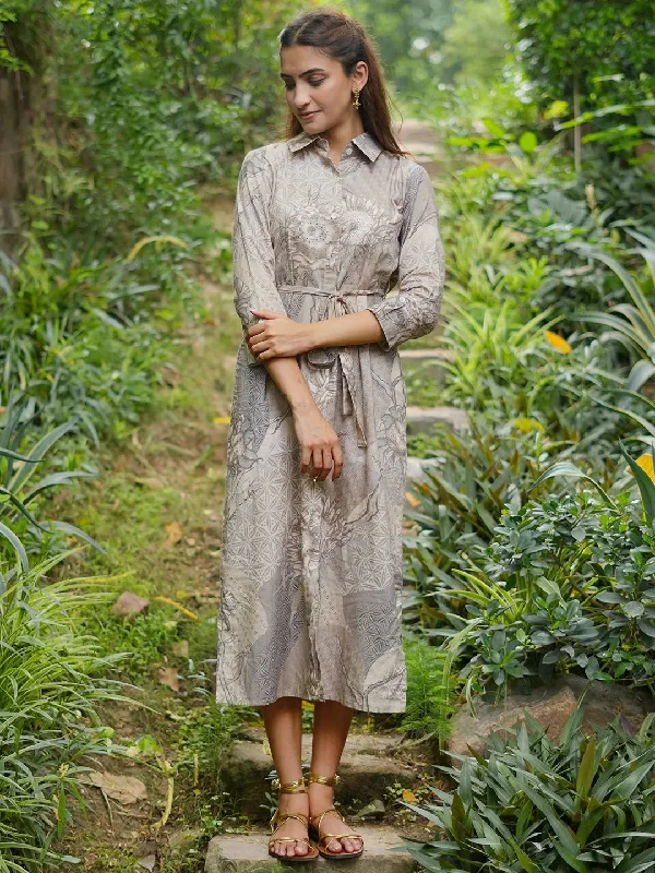 Off White Printed Linen Shirt Dress