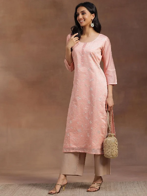 Peach Embroidered Chanderi Silk Straight Kurta