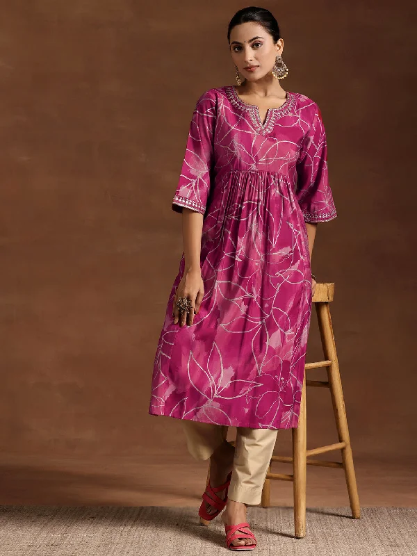 Pink Printed Silk A-Line Kurta