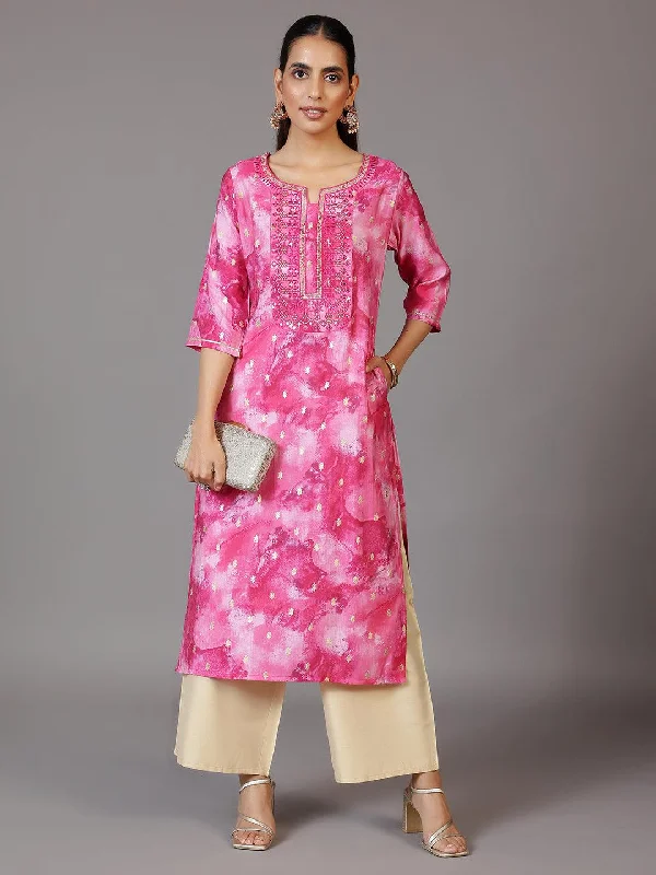 Pink Printed Silk Straight Kurta