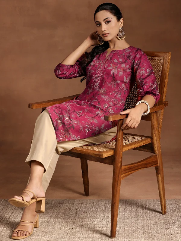 Pink Printed Silk Straight Kurta