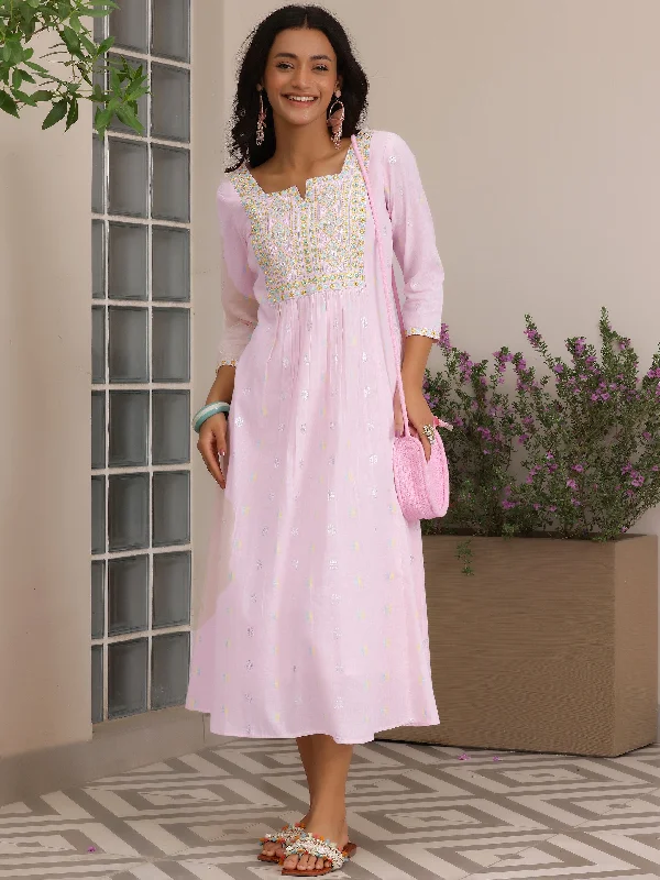 Pink Self Design Cotton A-Line Dress