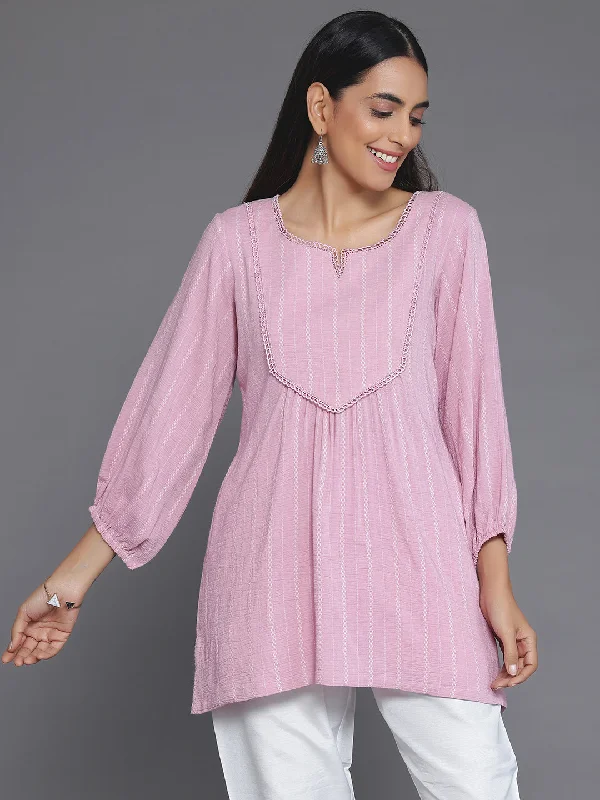 Pink Woven Design Cotton Blend A-Line Kurti