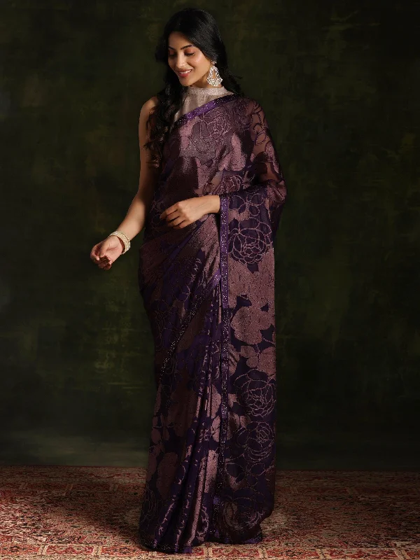 Purple Woven Design Brasso Saree With Unstitched Blouse Piece