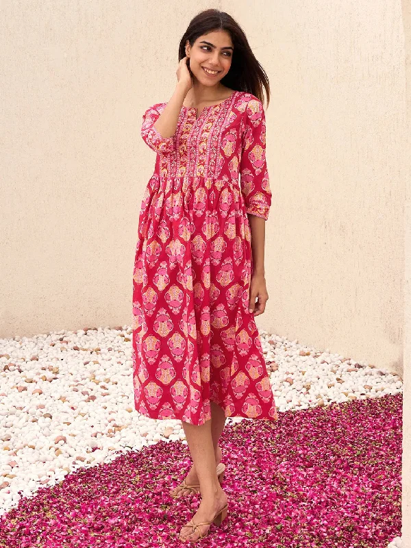 Red Printed Cotton Fit and Flare Dress