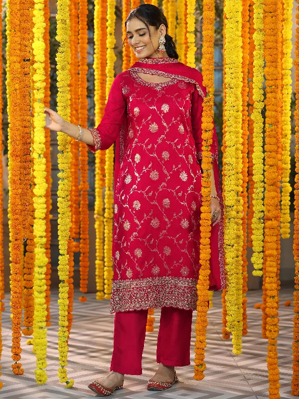 Red Woven Design Silk Blend Straight Suit With Dupatta