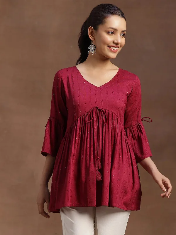 Wine Embellished Silk Blend A-line Kurti