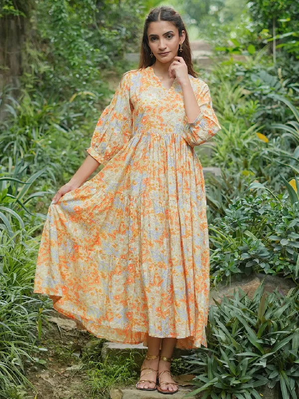 Yellow Printed Rayon Fit and Flare Dress