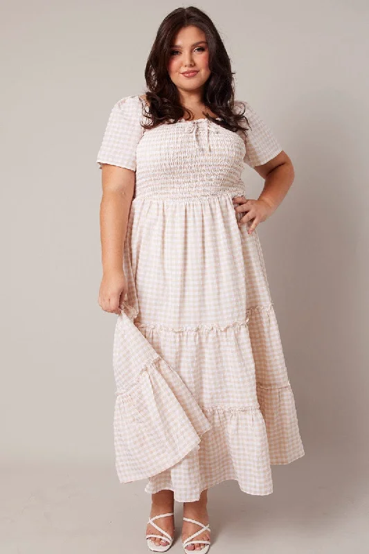 Beige Check Maxi Dress Short Sleeve Shirred Bust