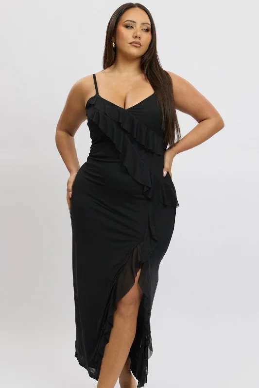 Black Frill Mesh Bodycon Maxidress