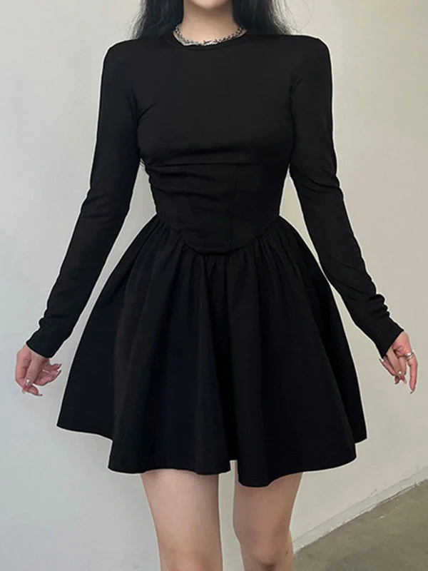 BerryBetty - Corset Detail Black Long Sleeve Mini Dress