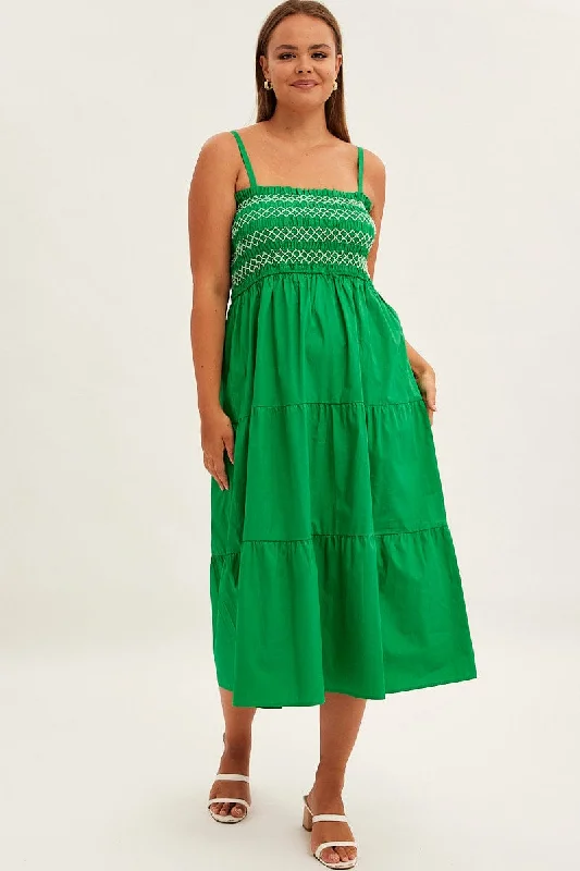 Green Strap Tiered Maxi Dress Smocked