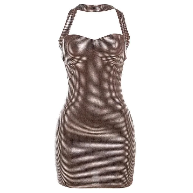 BerryBetty - metallic halter sweetheart neck backless mini dress