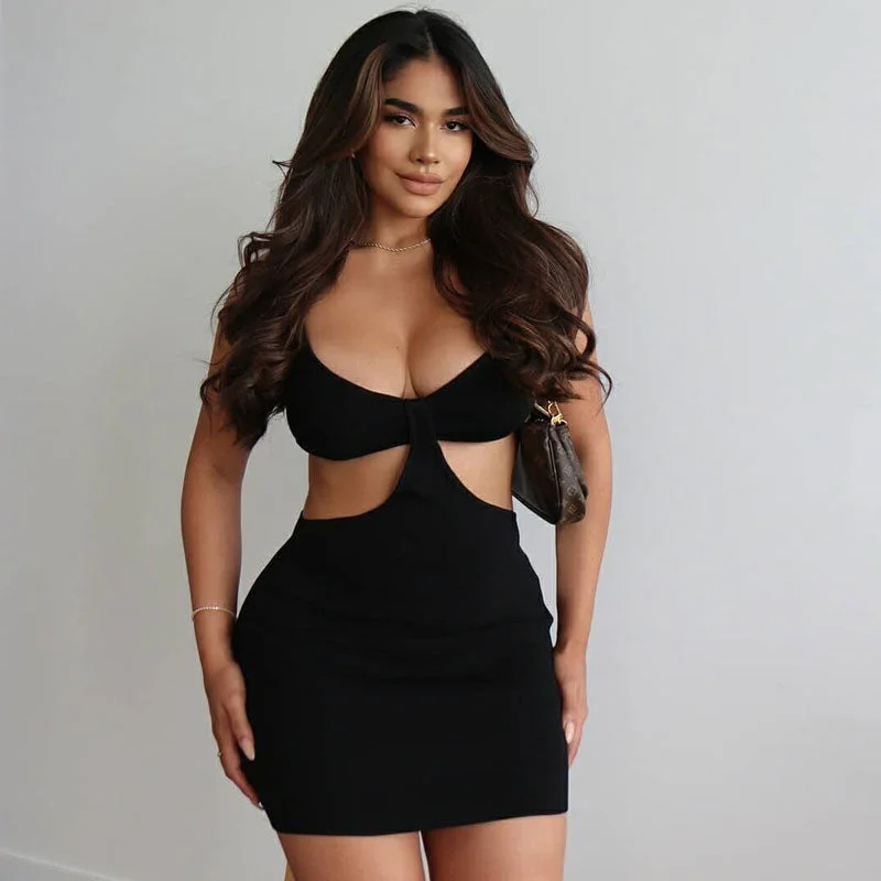 BerryBetty - Trendy Ribbed Deep V Neck Cut Out Party Mini Dress - Black