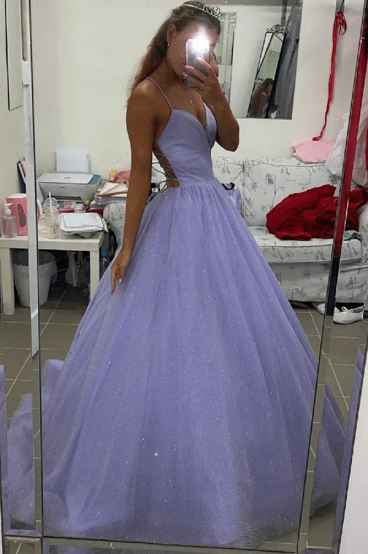 A-Line Purple Tulle Long Prom Dresses 2025 Spaghetti Straps Backless Evening Dress