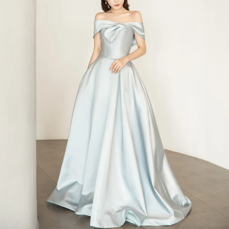 Baby Blue Off Shoulder Satin Formal Dress and Reception Party Gown