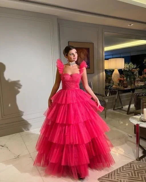 Cheap Pink Tulle 2025 Prom Dresses Ruffle Sleeveless Long Formal Evening Dress