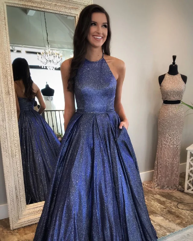 Glitter A Line Navy Blue Prom Dresses Halter Long Evening Gown