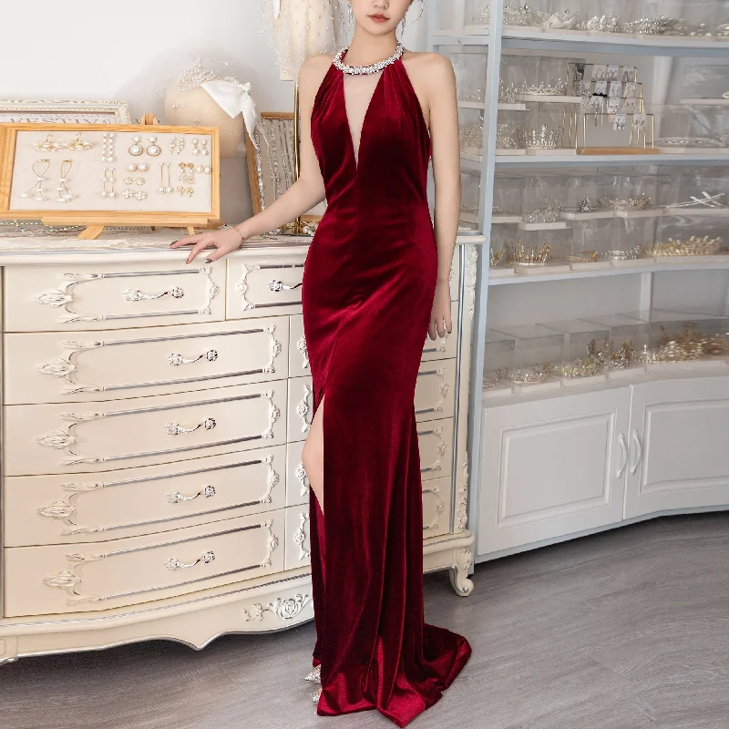 Halter Crimson Deep V-Neck Formal Dress Party Gown with Slit