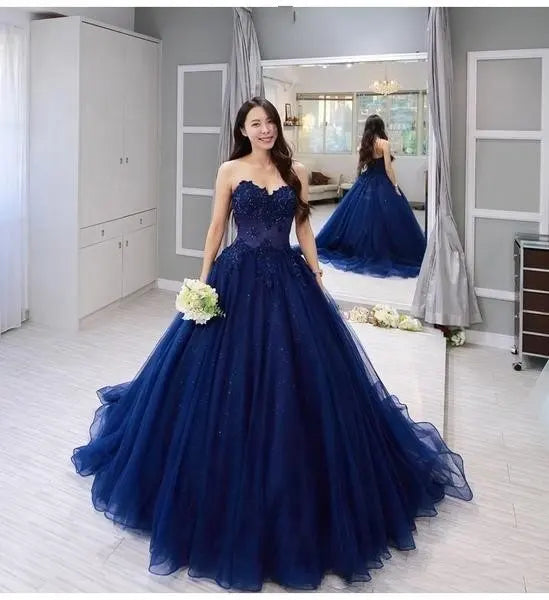 Hot 2025 Navy Blue Quinceanera Dresses For 15 Party  Lace Applique Tulle Prom Dress