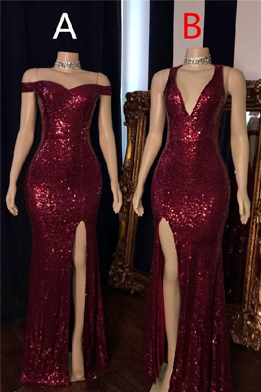 2025 Long Mermaid Burgundy Sequin Prom Dresses Glitter Split Evening Gown